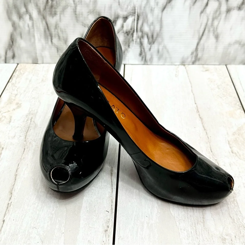 Staccato Patent Leather Glossy Black Peep Toe Heel Shoes Sexy Office Siren Chic